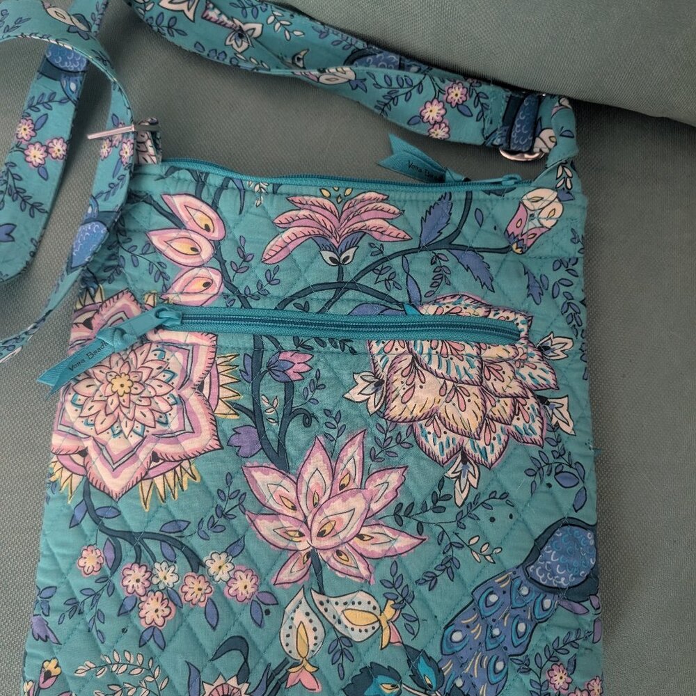 Vera Bradley Floral Zip Hipster Purse Peacock Teal Garden EUC